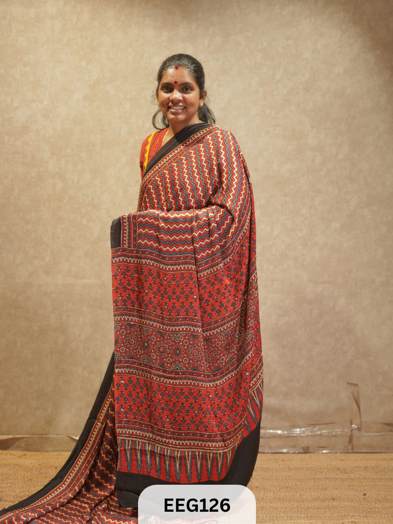 AJRAKH MODAL SAREE WITH KHATLI HANDWORK