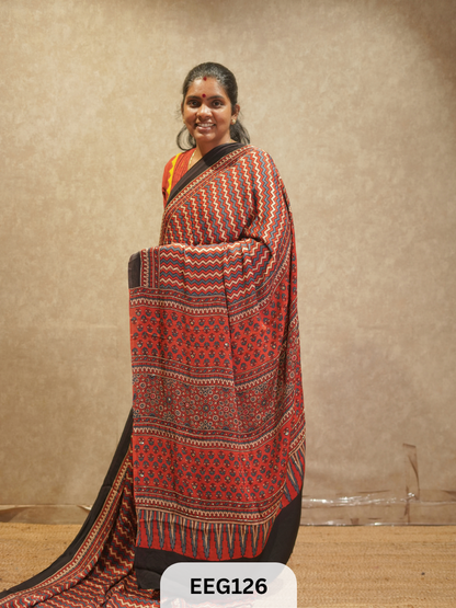 AJRAKH MODAL SAREE WITH KHATLI HANDWORK
