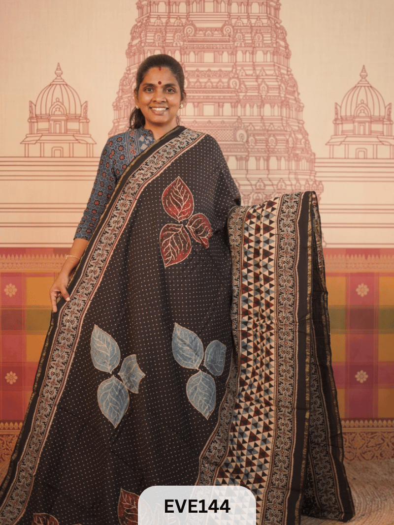 PURE CHANDERI SILK AJRAKH HANDBLOCK SAREE