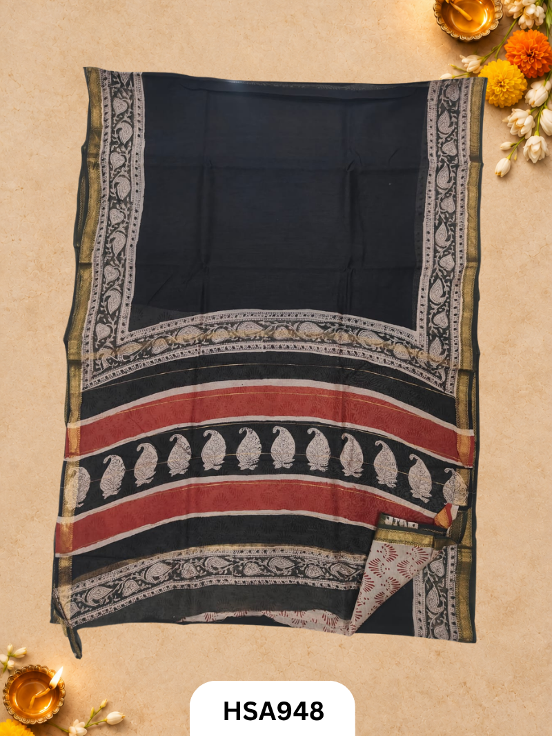 Pure Maheswari Silk Cotton - Handblock Print Saree With Blouse