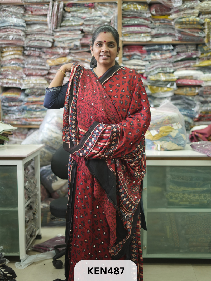 MODAL NATURAL AJRAKH HANDBLOCK SAREE WITH GLUE MIRROR