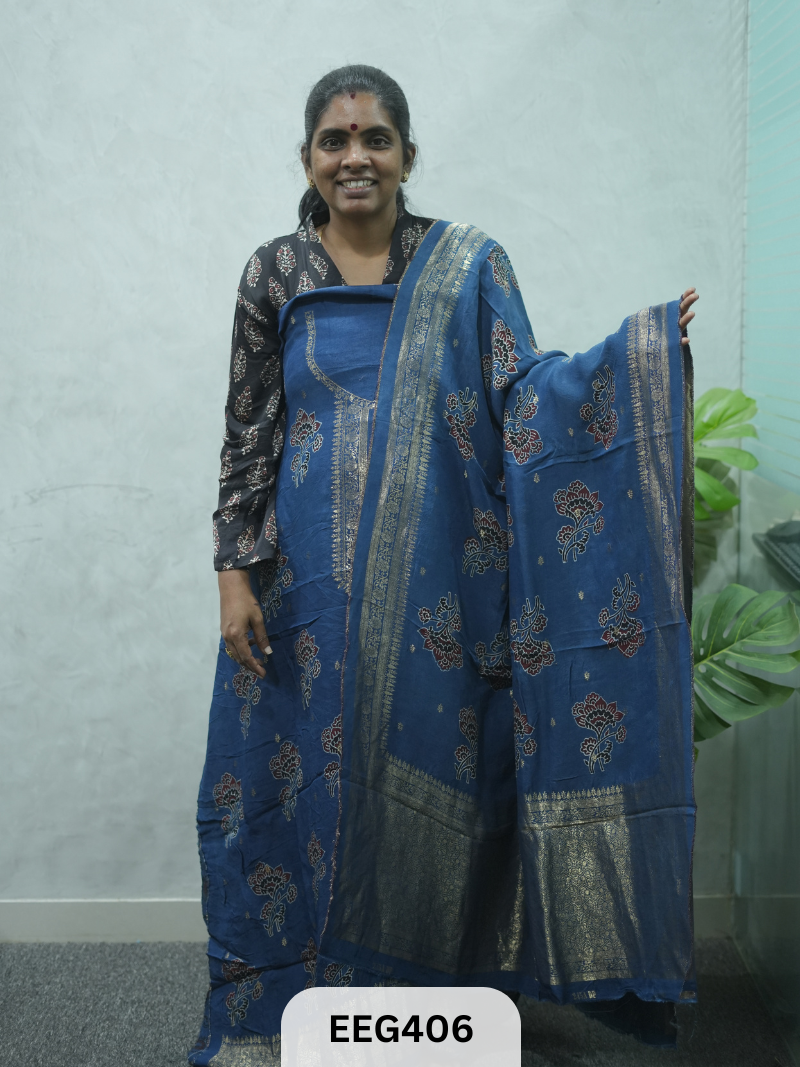 AJRAKH DOLA SILK 2 PCS-UNSTITCHED ( TOP 3.5MTR AND DUPPATA 2.25MTR ) - IMMEDIEATE DISPATCH