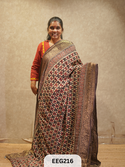 AJRAKH DOLA SILK SAREE WITH MIRROR WORK - IMMEDIATE DISPATCH