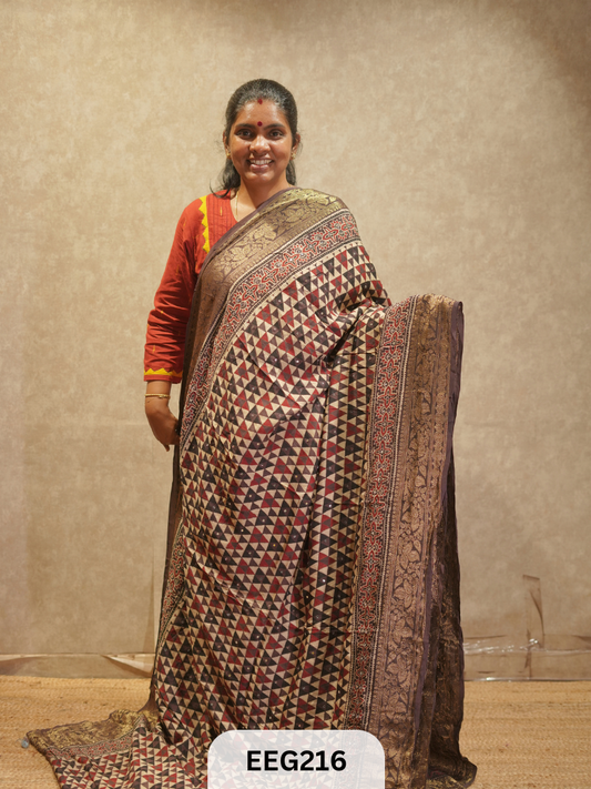 AJRAKH DOLA SILK SAREE WITH MIRROR WORK - IMMEDIATE DISPATCH