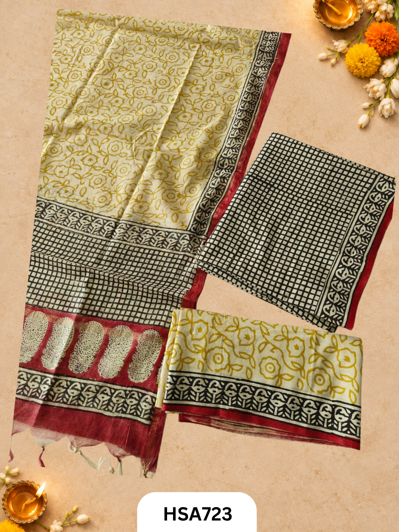 HandBlock Printed Chanderi Silk Dupatta With Cotton Suits -Top 2.5M Duptta 2.5M