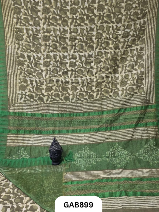 Temple Zari Border Hand Block Printed Katan Cotton Silk Saree With Running Blouse