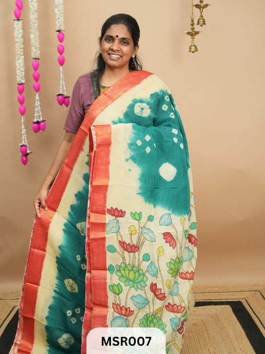 BANGLORE SILK MANGALAGIRI BORDER KALAMKARI TIE AND DIE