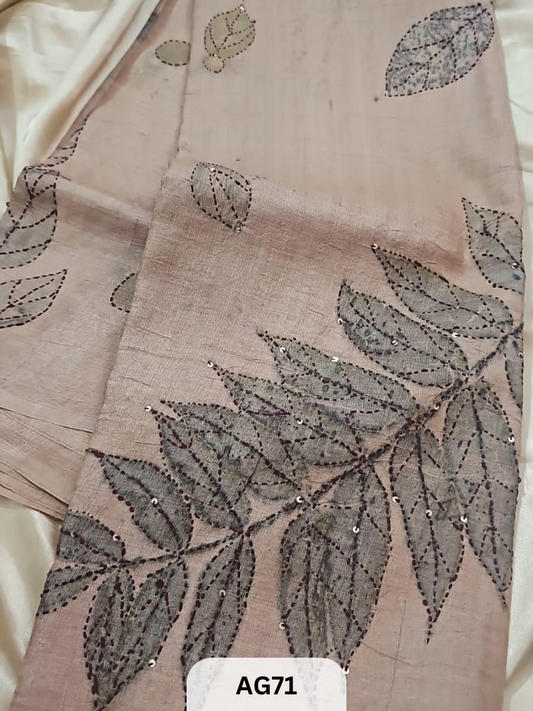 PURE GACHI TUSSAR WITH ECO NATURAL PRINT | HAND KANTHA STITCH | SILK MARK