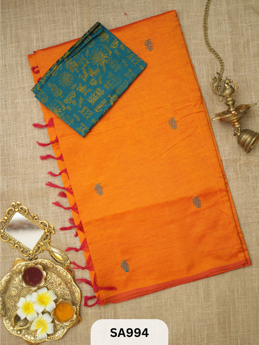 SILK COTTON EMBROIDERY HANDBLOCK SAREE