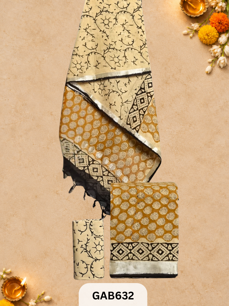 Bagru Hand Block Printed Linen Suits With Zari Border