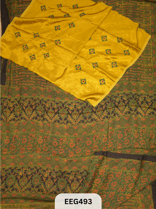 AJRAKH MODAL SAREE WITH KUTCHI HANDWORK BLOUSE PIECE EXTRA