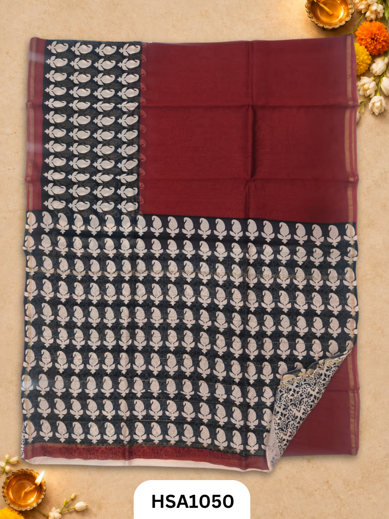 Pure Hand Block Printed Chanderi Silk Saree With Printed Blouse