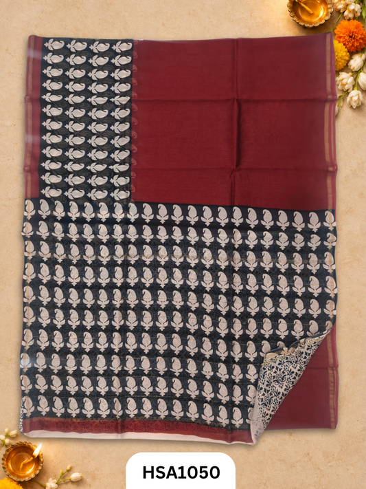 Pure Hand Block Printed Chanderi Silk Saree With Printed Blouse