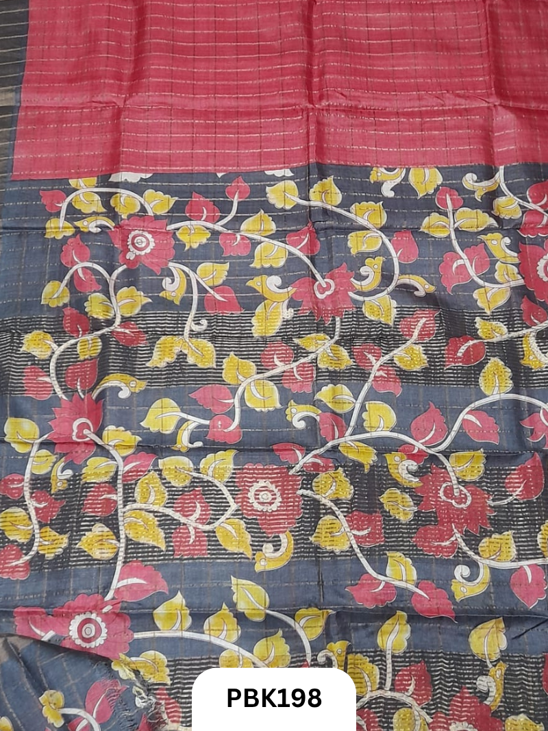 Pure Tussar Silk Saree with Checked design  Plain Body with Kalamkari Design in Pallu