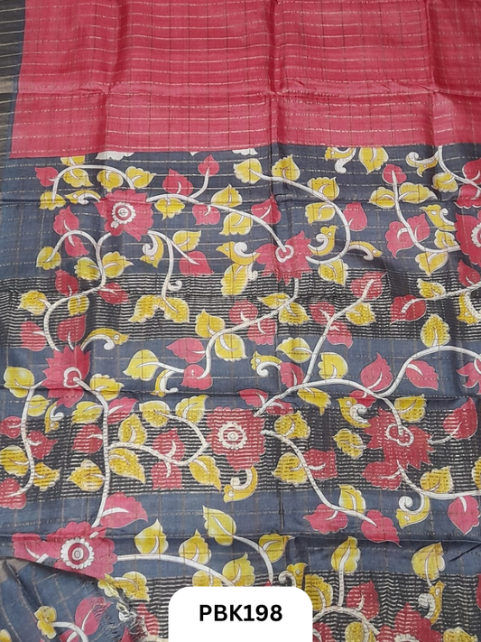 Pure Tussar Silk Saree with Checked design  Plain Body with Kalamkari Design in Pallu
