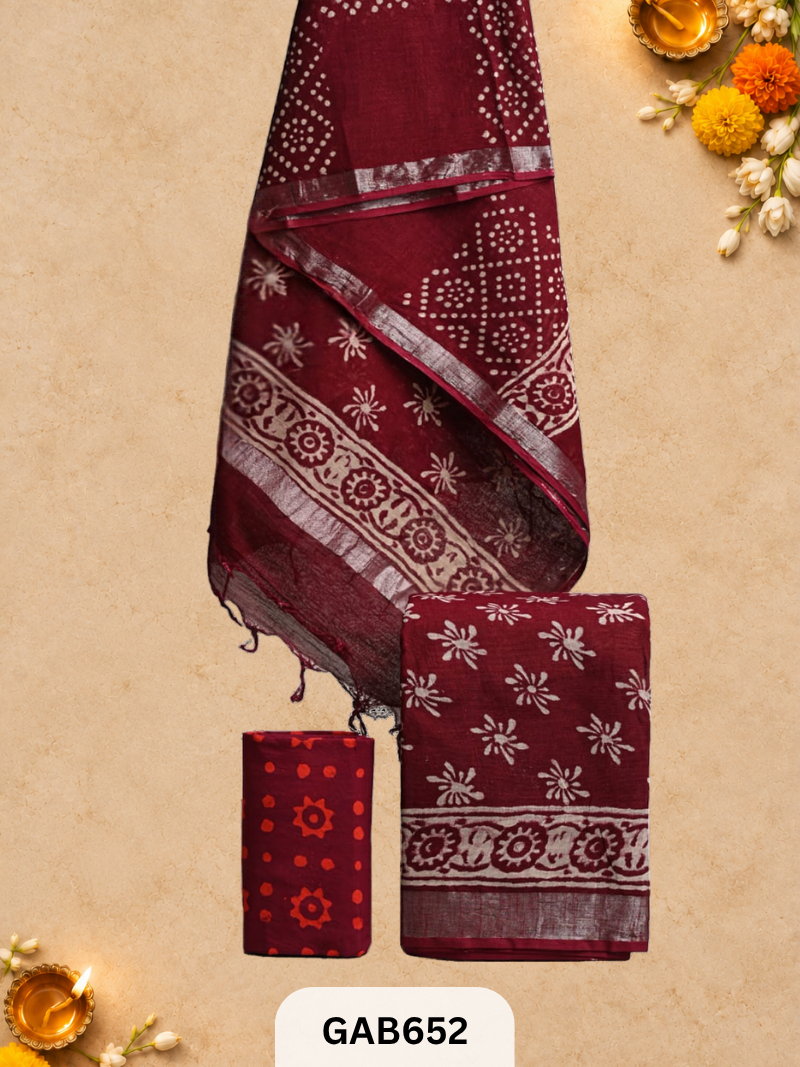 Bagru Hand Block Printed Linen Suits With Zari Border