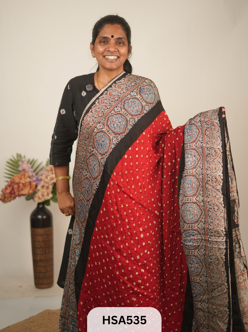 MODAL AJRAKH WITH BANDHINI SAREE