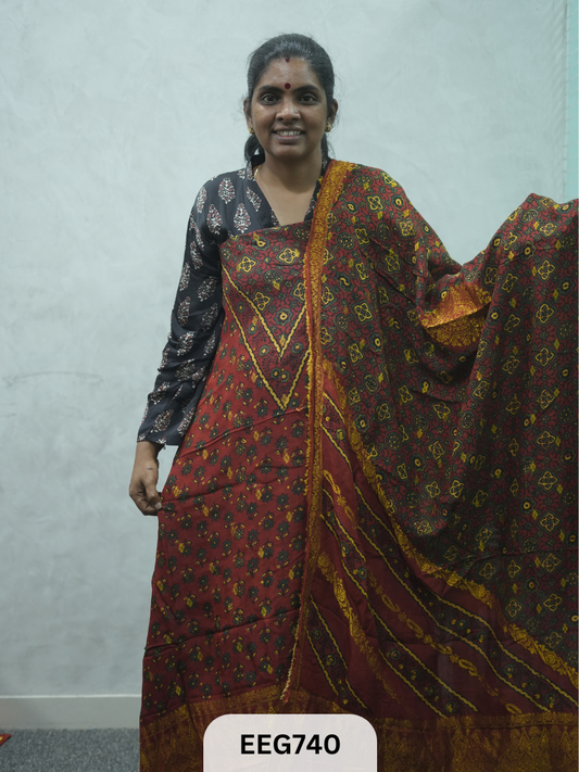AJRAKH DOLA SILK 2 PCS-UNSTITCHED ( TOP 3.5MTR AND DUPPATA 2.25MTR ) - IMMEDIEATE DISPATCH