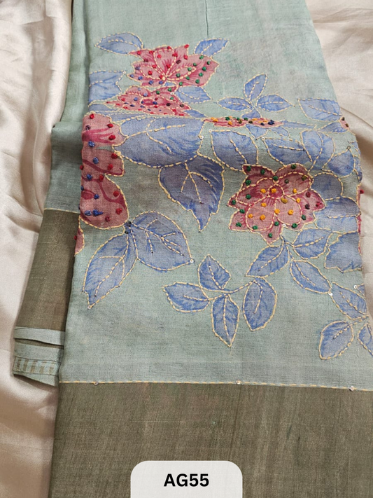 PURE TUSSAR WITH BORDER | SPECIAL HAND PAINT |HAND KANTHA STITCH | SILK MARK