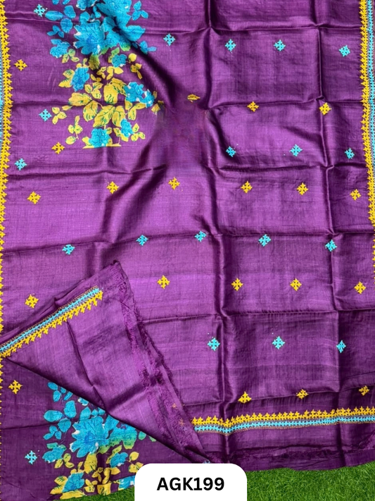 GAACHI BY NETHI TASSAR  SCREEN FLORAL PRINTING WORK  DETAILED WITH HEAVY HAND KUTCHI WORK