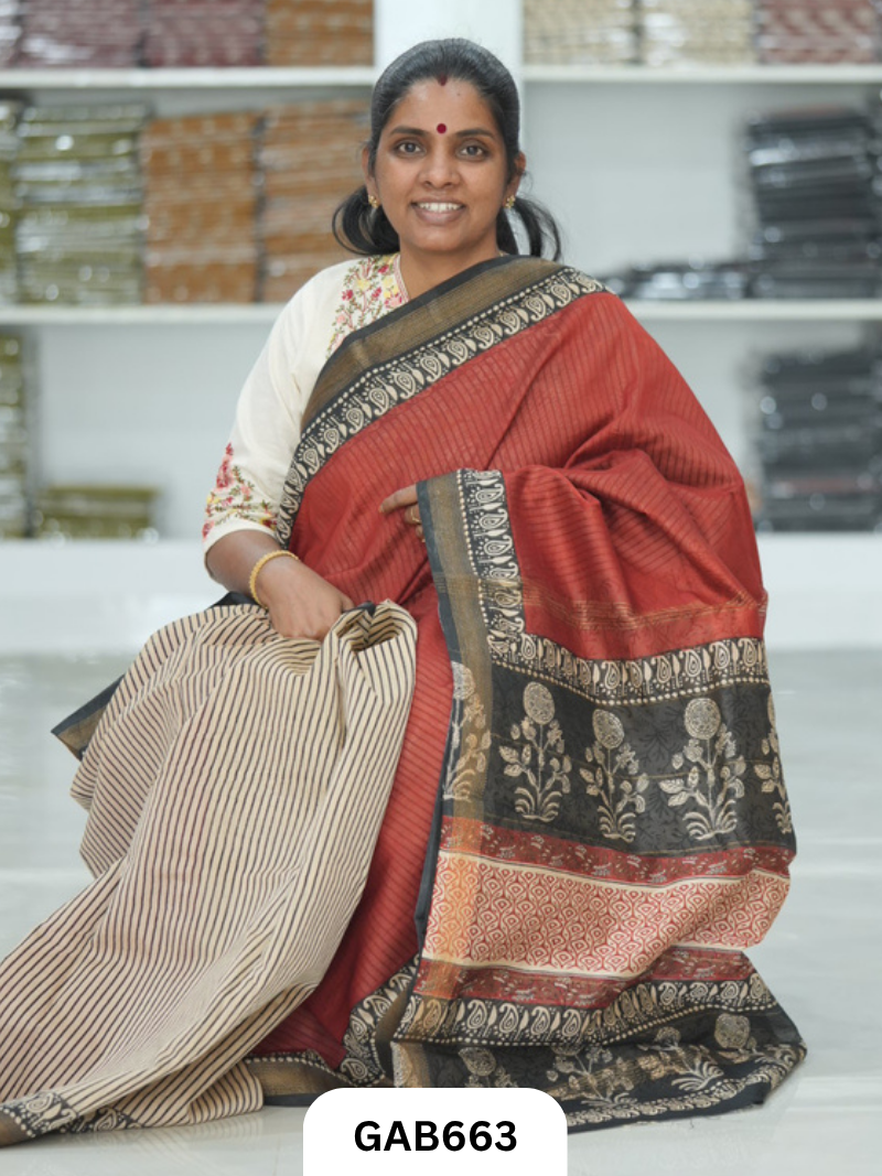 Hand Block Printed Maheshwari Silk Saree