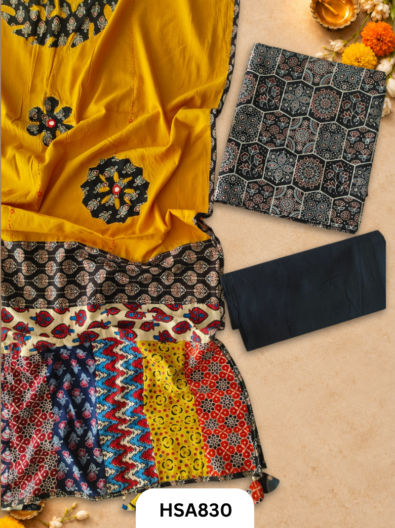 Ajrahk Print With Patch Work And Mirror Work Dupatta