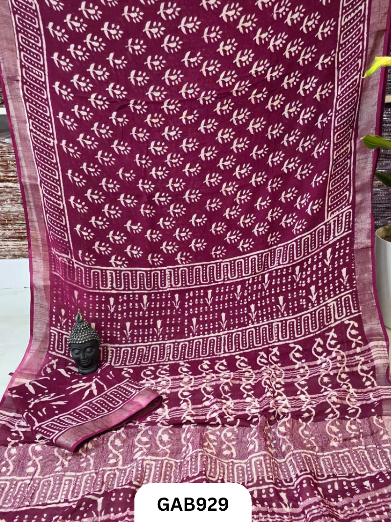 Bagru Handblock Print Linen Saree With Attached Blouse