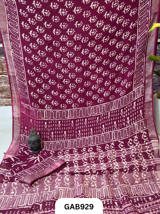 Bagru Handblock Print Linen Saree With Attached Blouse