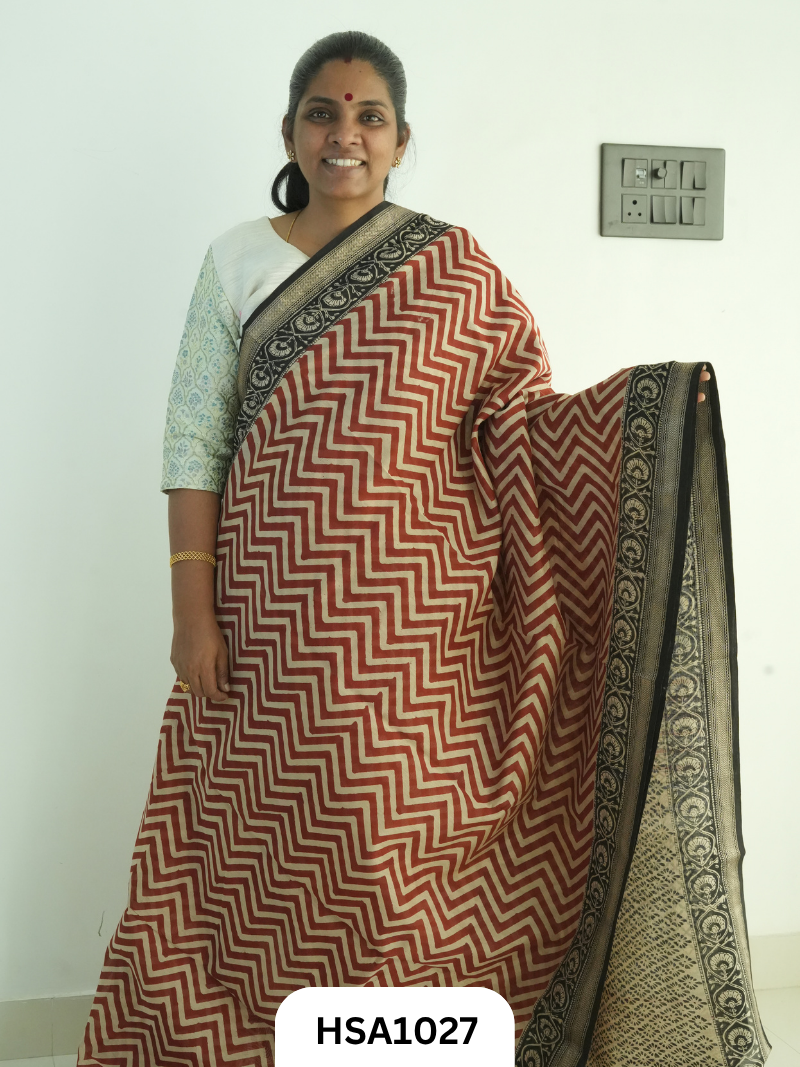 Pure Maheswari Silk Cotton - Handblock Print Saree With Blouse