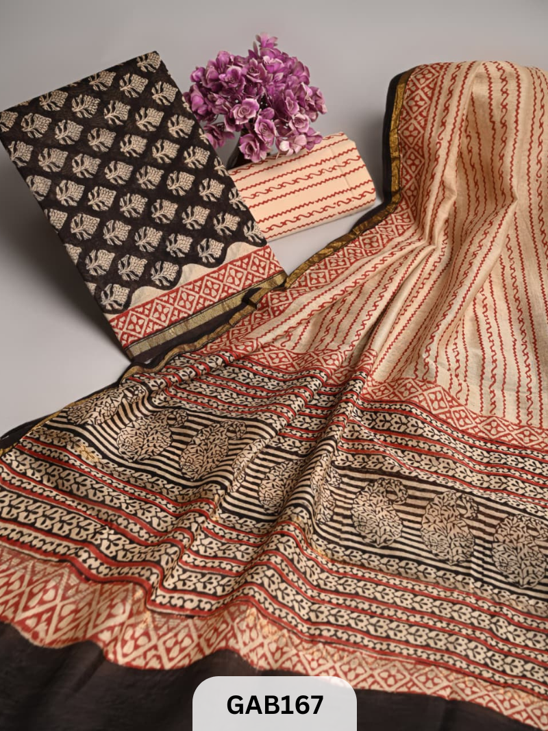 NEW HAND BLOCK CHANDERI SILK | 3 PCS SUIT