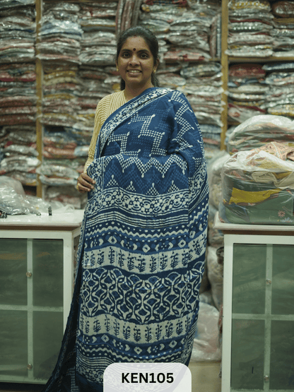 MODAL INDIGO DABU HANDBLOCK PRINT SAREE - NATURAL PROCESS