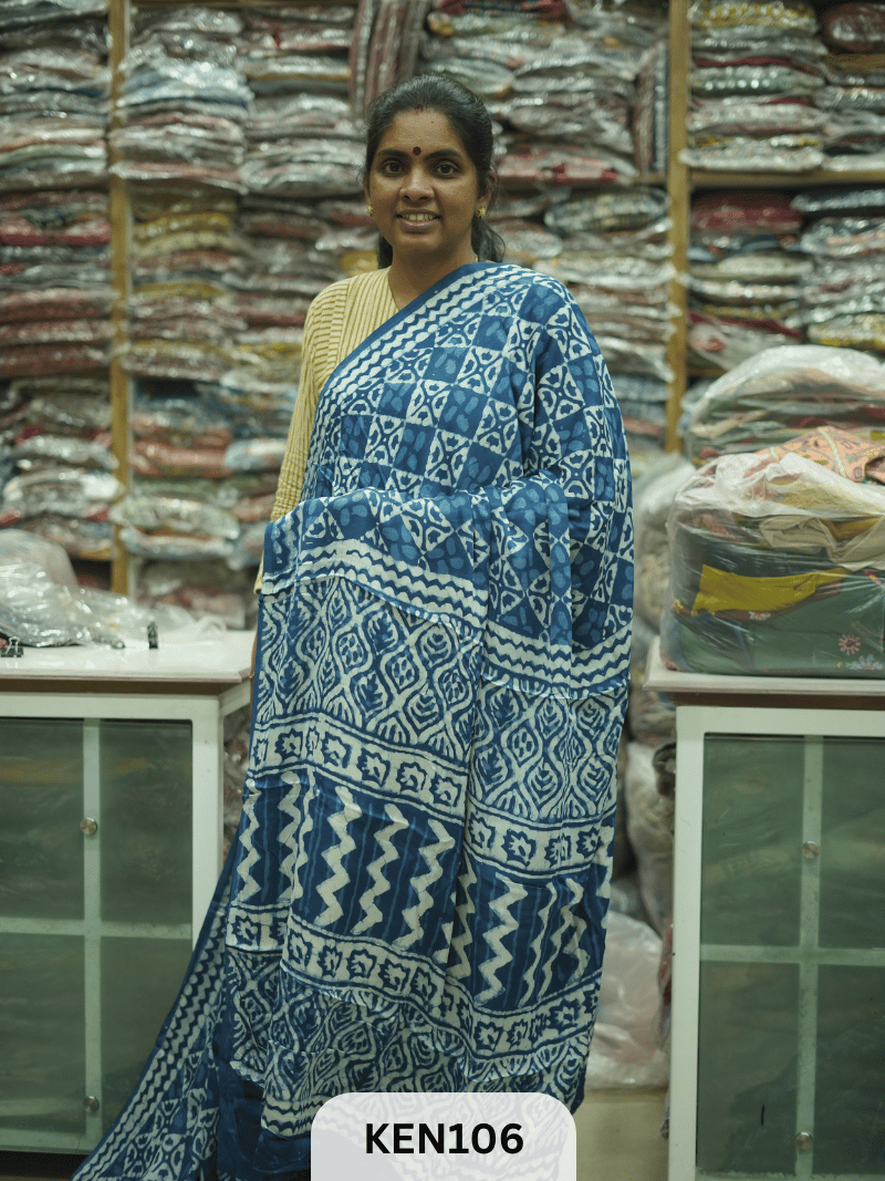 MODAL INDIGO DABU HANDBLOCK PRINT SAREE - NATURAL PROCESS
