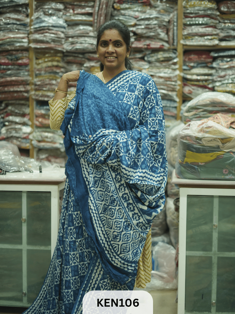 MODAL INDIGO DABU HANDBLOCK PRINT SAREE - NATURAL PROCESS