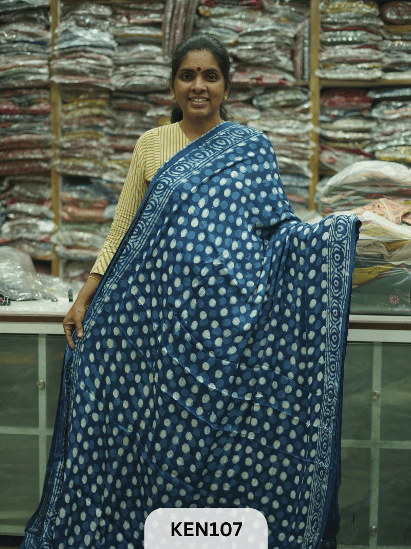 MODAL INDIGO DABU HANDBLOCK PRINT SAREE - NATURAL PROCESS