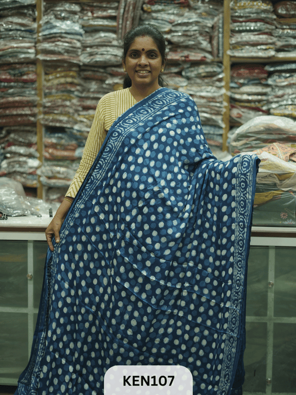 MODAL INDIGO DABU HANDBLOCK PRINT SAREE - NATURAL PROCESS
