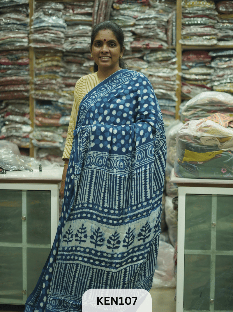 MODAL INDIGO DABU HANDBLOCK PRINT SAREE - NATURAL PROCESS