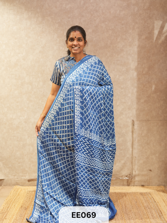 AJRAKH MODAL INDIGO SAREE - SPECIAL DEAL