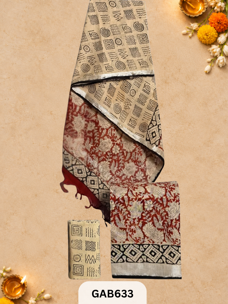 Bagru Hand Block Printed Linen Suits With Zari Border
