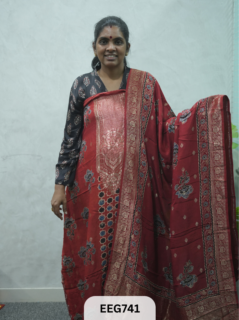 AJRAKH DOLA SILK 2 PCS-UNSTITCHED ( TOP 3.5MTR AND DUPPATA 2.25MTR ) - IMMEDIEATE DISPATCH