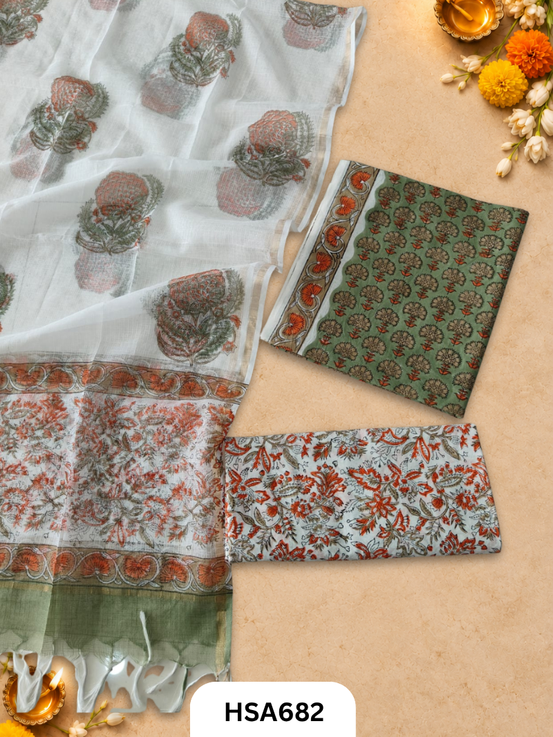 Handblock Printed Kota Doriya Dupatta With Cotton Suits Top 2.5mtr Dupatta 2.5mtr