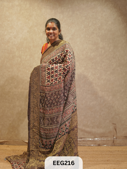 AJRAKH DOLA SILK SAREE WITH MIRROR WORK - IMMEDIATE DISPATCH