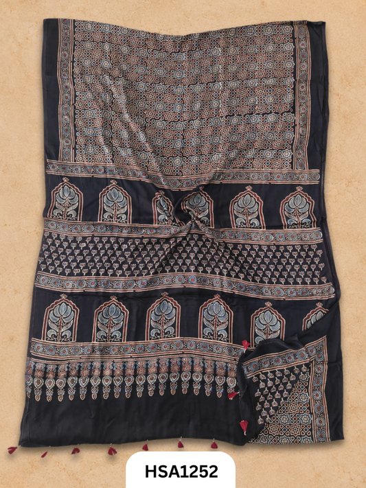 Natural Dye Vegetable Hand Block Print Ajrakh Print Pure Modal Silk Saree