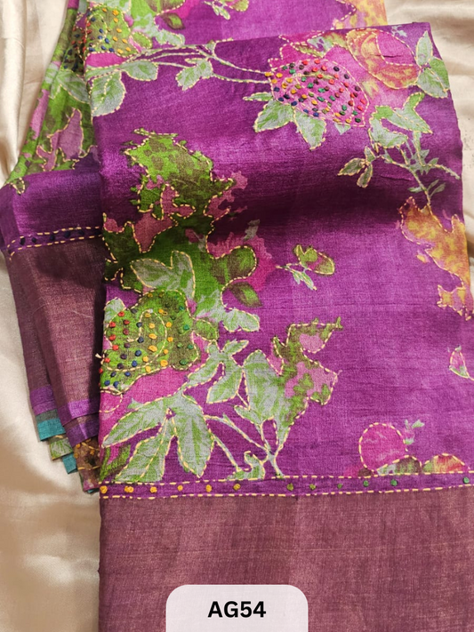 PURE TUSSAR WITH BORDER | SPECIAL HAND PAINT |HAND KANTHA STITCH | SILK MARK