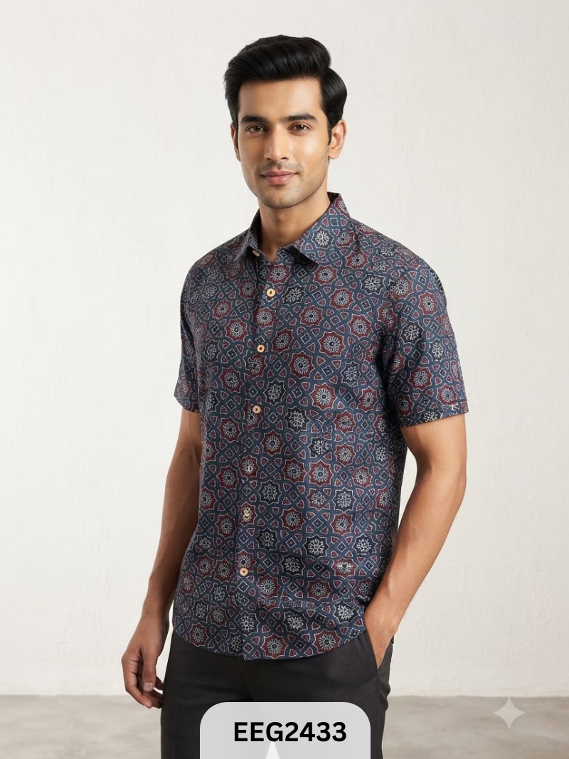 MODAL HANDBLOCK PRINT SHIRT WITH WOODEN BUTTON