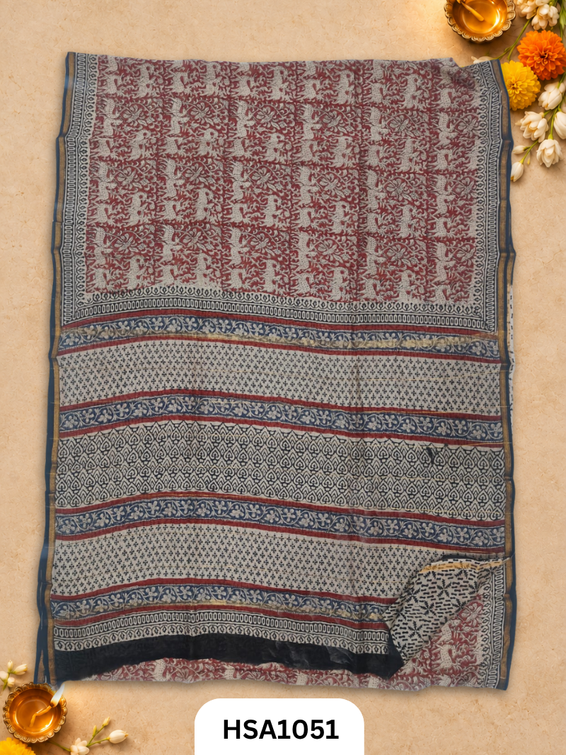 Pure Hand Block Printed Chanderi Silk Saree With Printed Blouse
