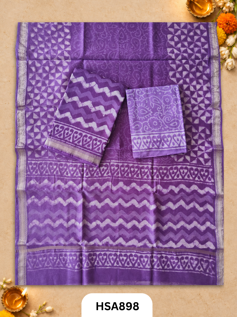 HandBlock Printed Maheshwari Silk Zari Border Top & dupttas 2.5 Mtrs | Bottom cotton 2.50 mtrs