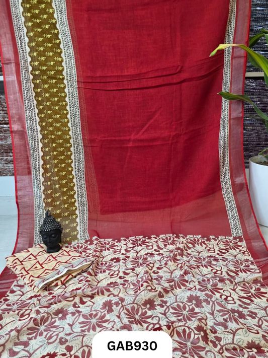 Bagru Handblock Print Linen Saree With Attached Blouse