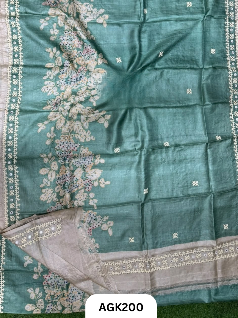 GAACHI BY NETHI TASSAR  SCREEN FLORAL PRINTING WORK  DETAILED WITH HEAVY HAND KUTCHI WORK