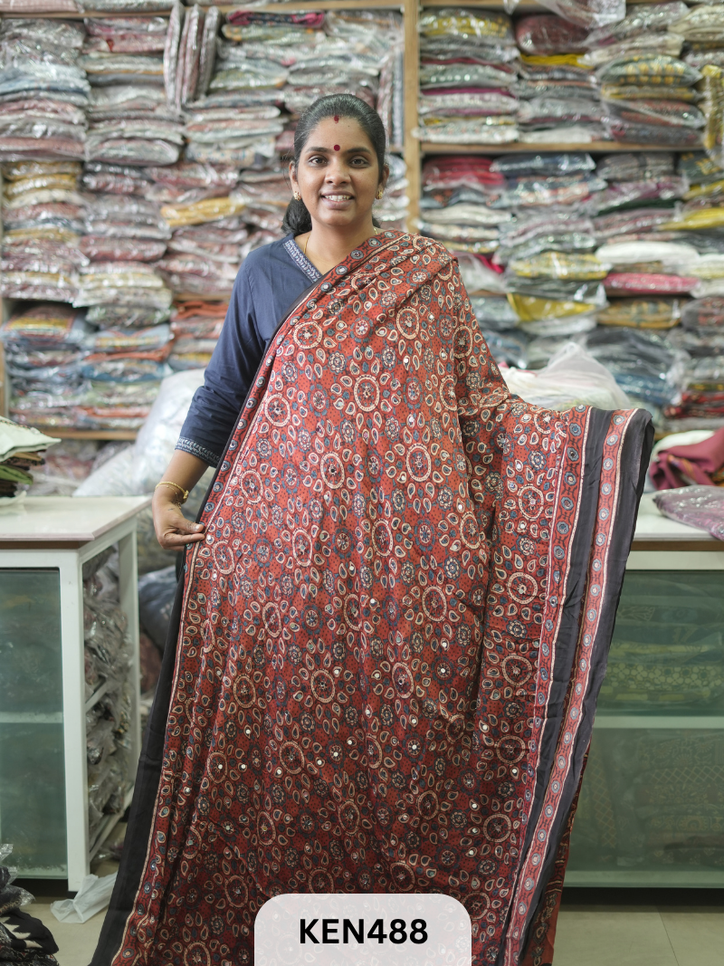 MODAL NATURAL AJRAKH HANDBLOCK SAREE WITH GLUE MIRROR