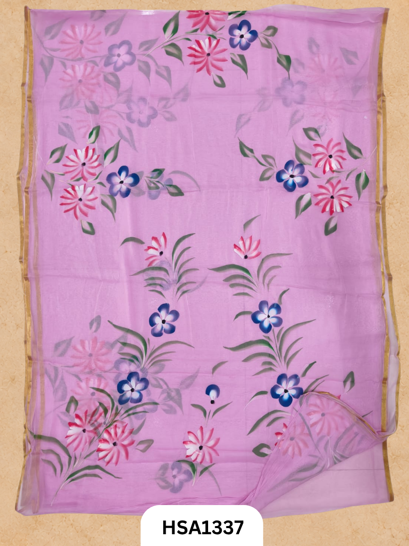 Chiffon Zari Border Saree - Hand Brush Painted